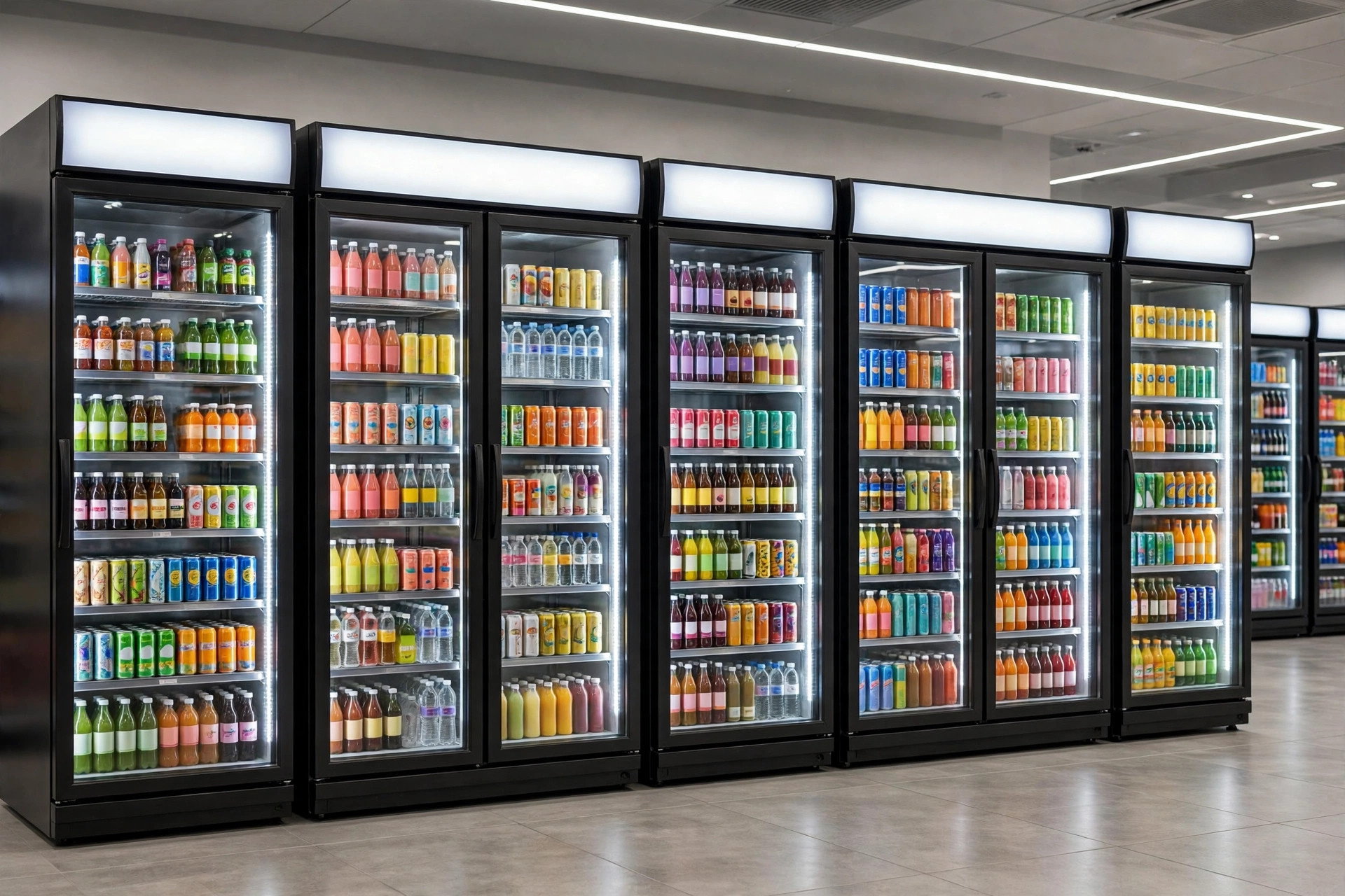 Glass door beverage display coolers with LED lighting in a supermarket drinks aisle