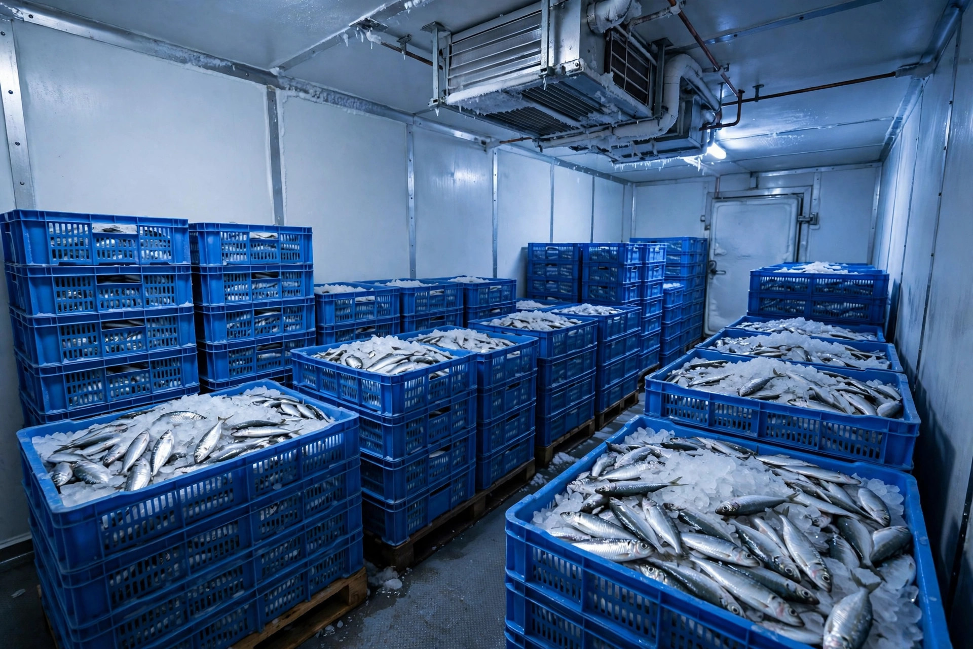Crates of iced fish stored inside a walk-in fish cold room freezer
