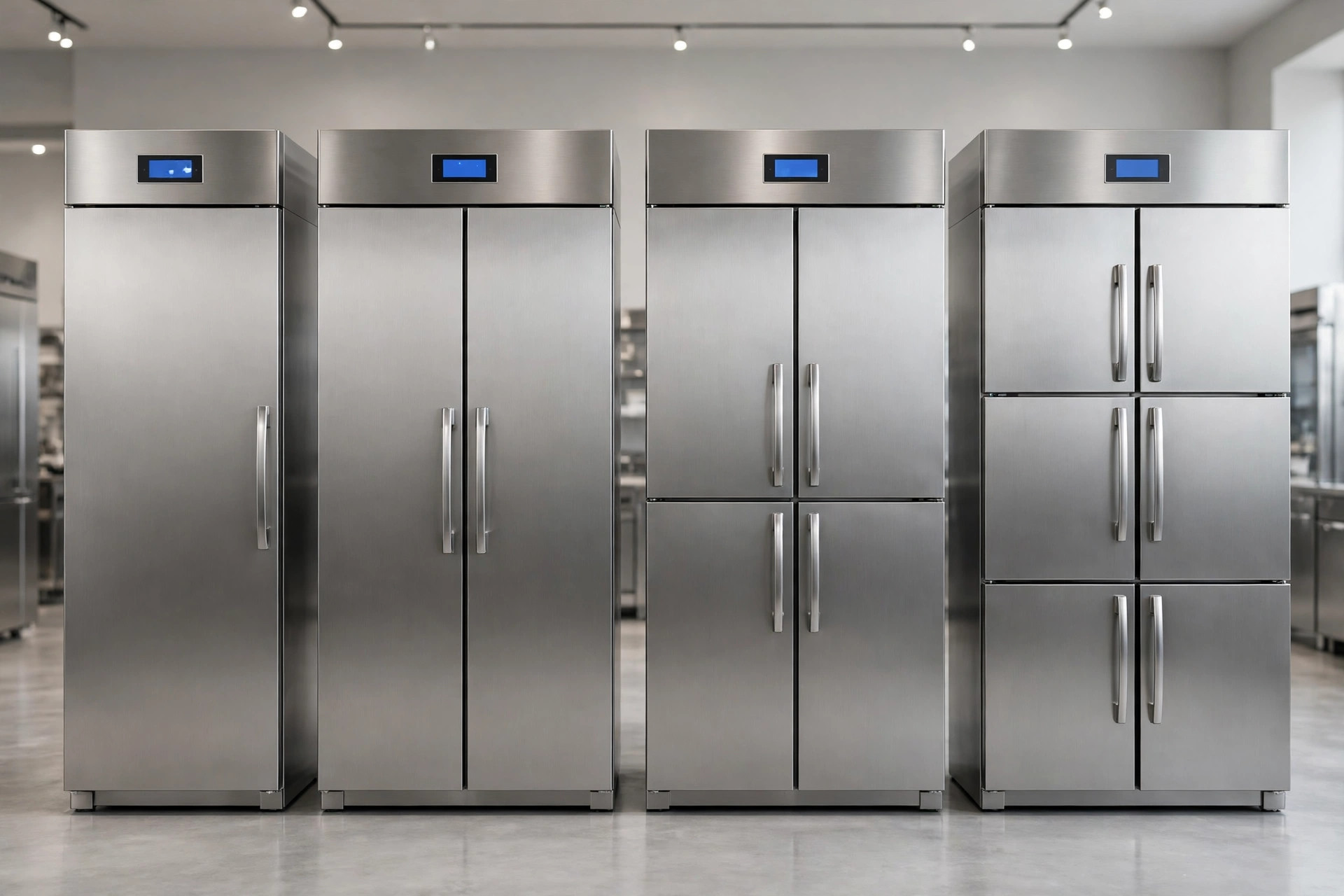 Stainless steel commercial upright refrigerators: single, double, four and six door