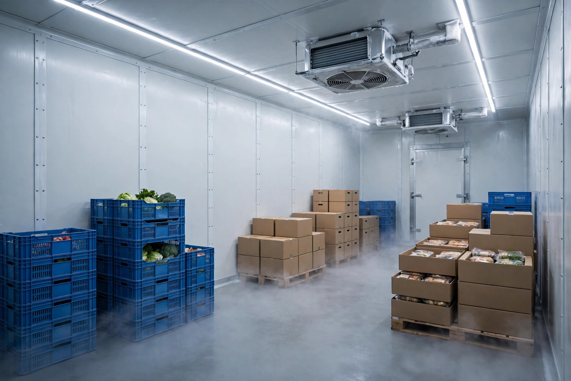 Walk-in cold room interior with evaporator units and crates of stored food