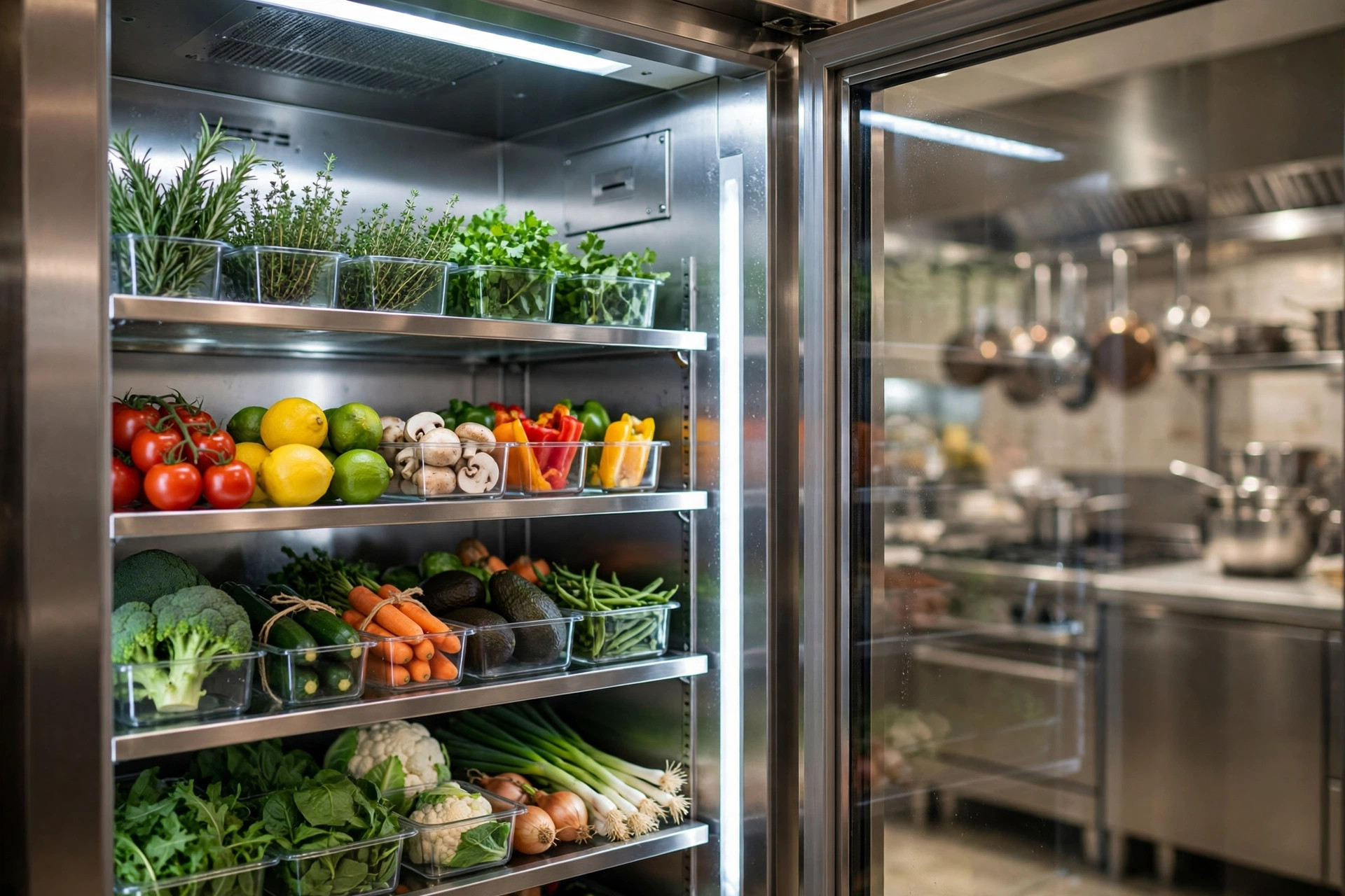 Stainless steel commercial upright refrigerator at work in a professional hotel kitchen