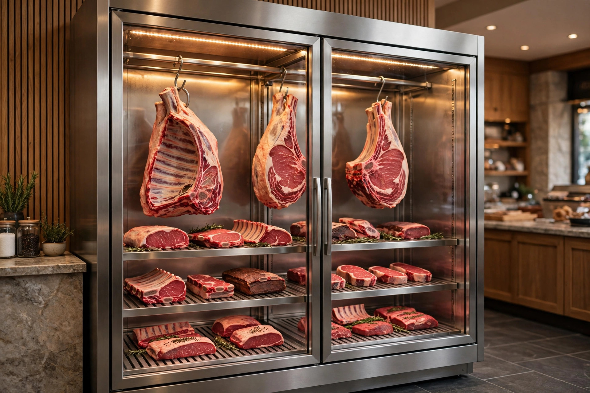 Glass door meat display cabinet with hanging rail, hooks and LED lighting in a butchery