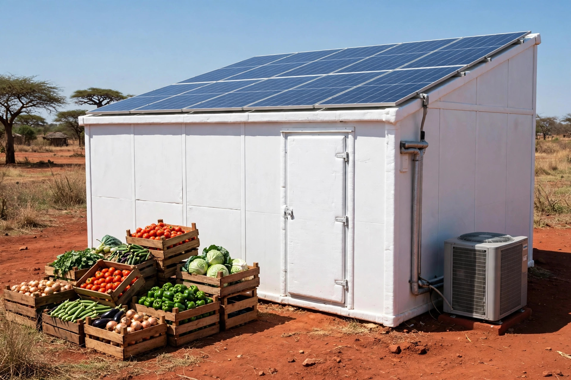 Solar-powered cold room with rooftop PV panels storing fresh vegetables in rural Africa